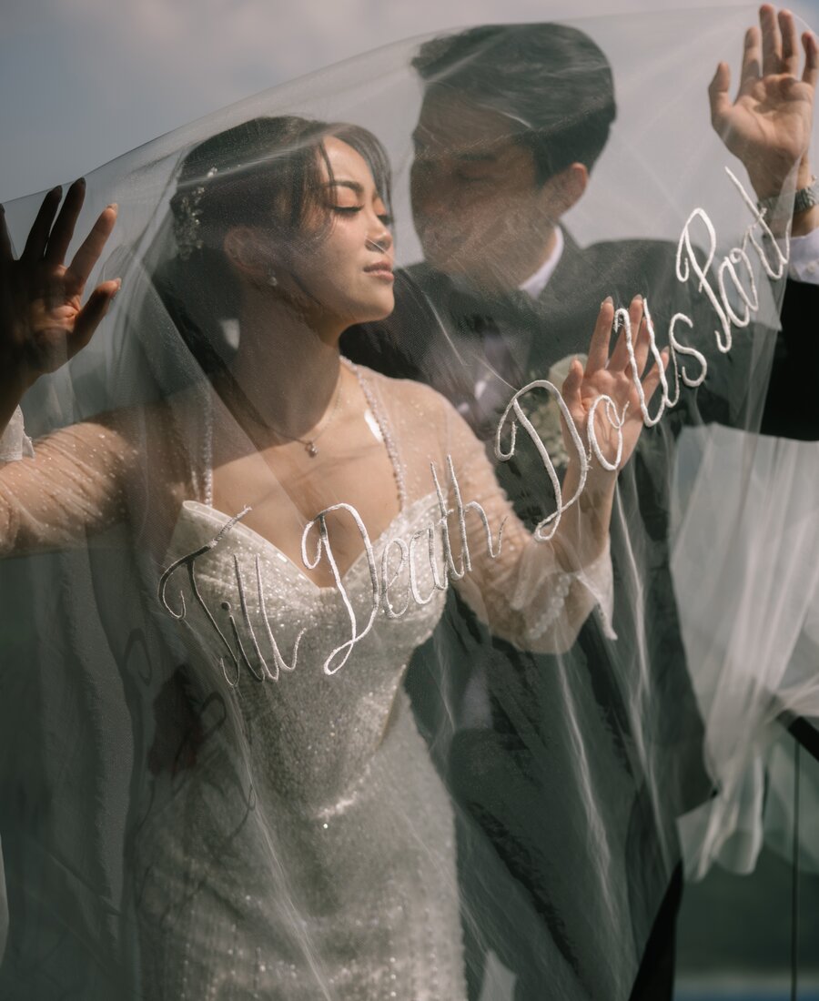 Bride and groom veil portrait by Eternity EO
